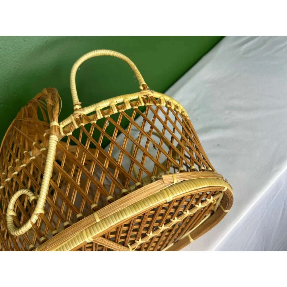 Vintage Wicker Doll Bassinet Miniature Rattan Cradle Hooded Basket Boho Decor